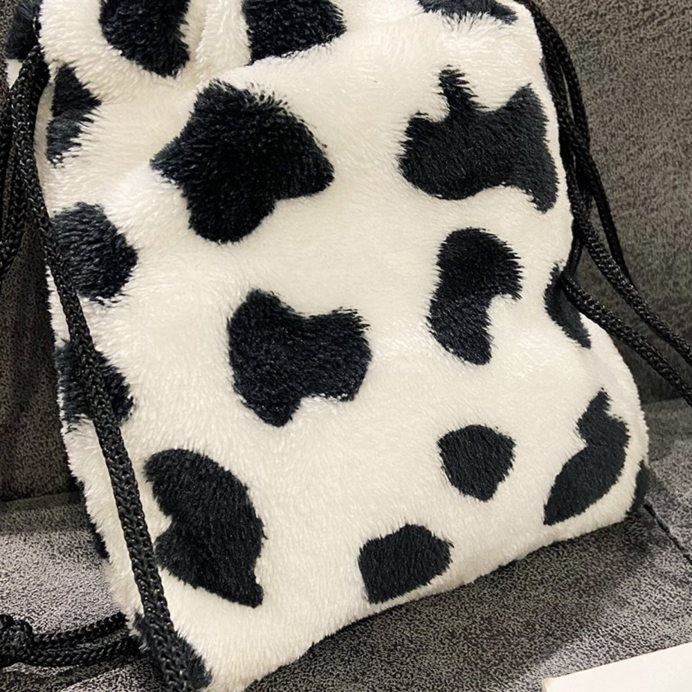 New Faux Fur Medium Cow Print Buttery Soft Handmade Drawstring Crossbody Bag - Picture 15 of 15